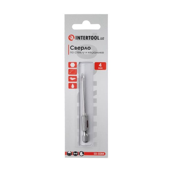 Сверло по стеклу и керамике 4 мм HEX 1/4'' (6.35 mm) INTERTOOL SD-0284 SD-0284 фото