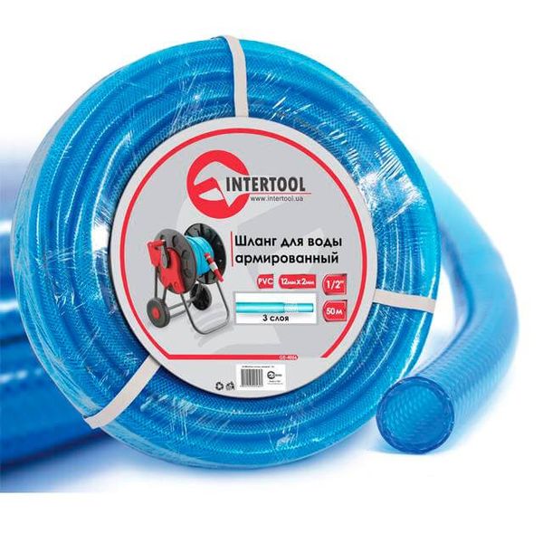 Шланг для води тришаровий, синій, 1/2", 50 м, армований, PVC INTERTOOL GE-4056 GE-4056 фото