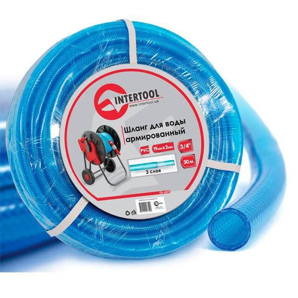 Шланг для води тришаровий, синій, 3/4", 30 м, армований, PVC INTERTOOL GE-4075  GE-4075 фото