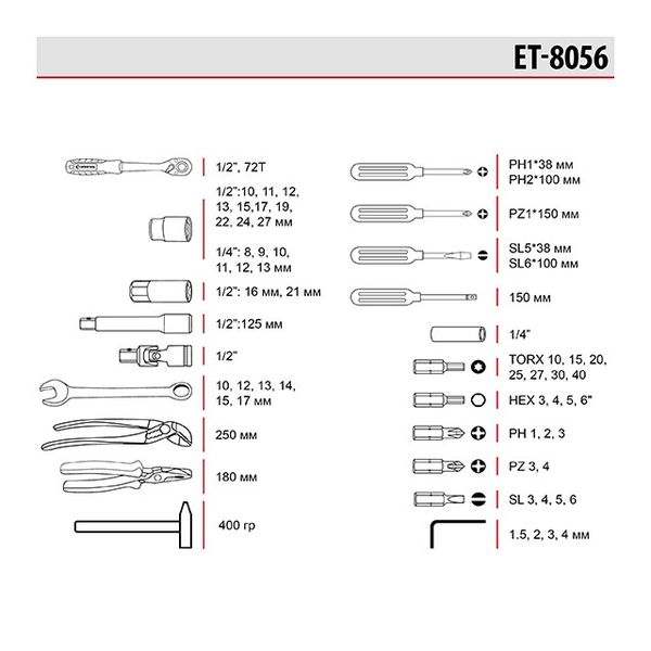 Набор инструментов 1/2" & 1/4", 56 ед., Cr-V STORM INTERTOOL ET-8056 ET-8056 фото