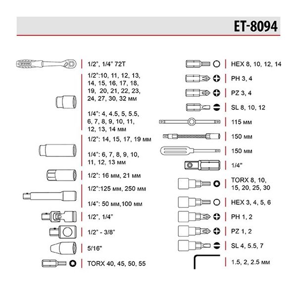 Набор инструментов 94 ед. STORM, 1/2", 1/4", Сr-V INTERTOOL ET-8094 ET-8094 фото